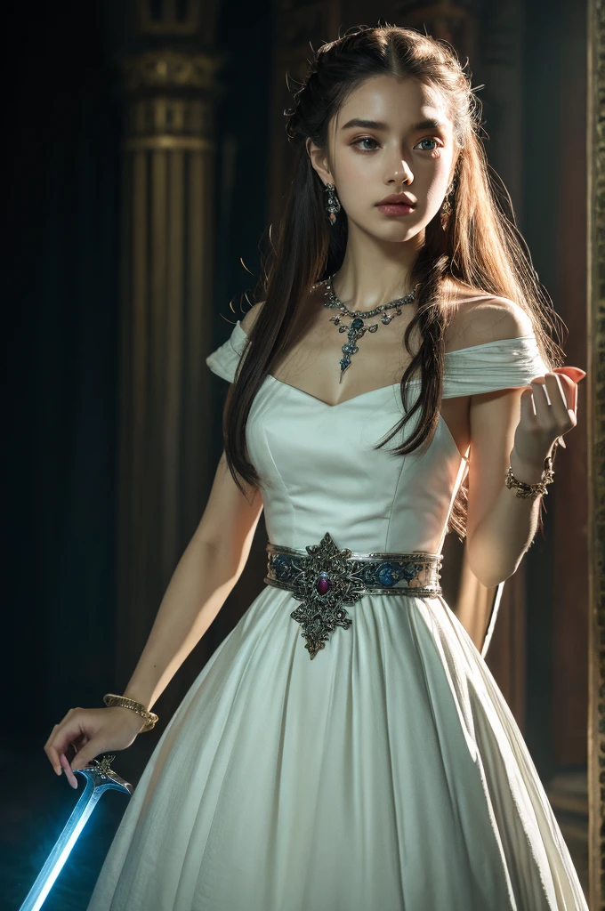 ( masterpiece, top quality, best quality,8k, girl,ultra detailed,raw photo:1.5),(photorealistic:1.4),(cinematic lighting), PerfectNwsjMajic, , Surrealism, UHD, ccurate, Super detail, textured skin, High detail, Best quality, dynamic angle, (high nose,White skin),[Beautiful blue eyes],[flat chest:large breasts:0.5],(1girl),(good anatomy:0.5)), of a woman in a dress with a sword, a beautiful fantasy empress, ((a beautiful fantasy empress)), beautiful fantasy maiden, jewelry, splendor 