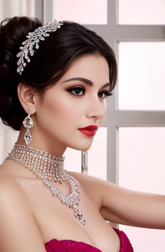 Lebanese woman, diamond dangling earrings, necklace, bracelets, small breasts, 40 years old, smokey eyes, cleavages, red lips, innocent face, pink fashion ball gown, stylish hairstyle, posing, modeling,