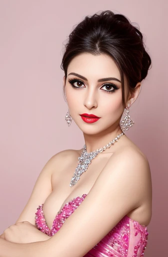 Lebanese woman, diamond dangling earrings, necklace, bracelets, small breasts, 40 years old, smokey eyes, cleavages, red lips, innocent face, pink fashion ball gown, stylish hairstyle, posing, modeling,