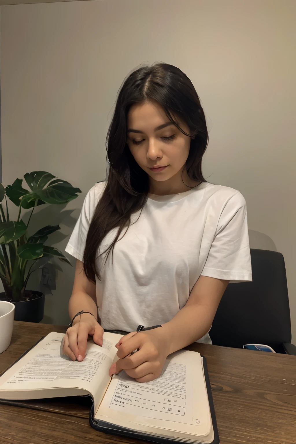 Mujer blanca, cabello largo negro, muy hermosa, sentada en un escritorio tomando apuntes en una agenda