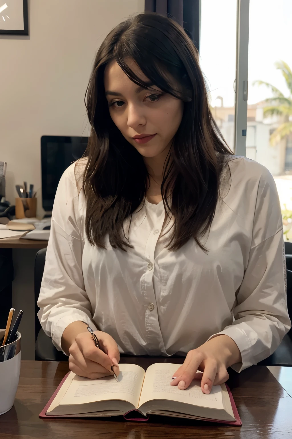 Mujer blanca, cabello largo negro, muy hermosa, sentada en un escritorio tomando apuntes en una agenda