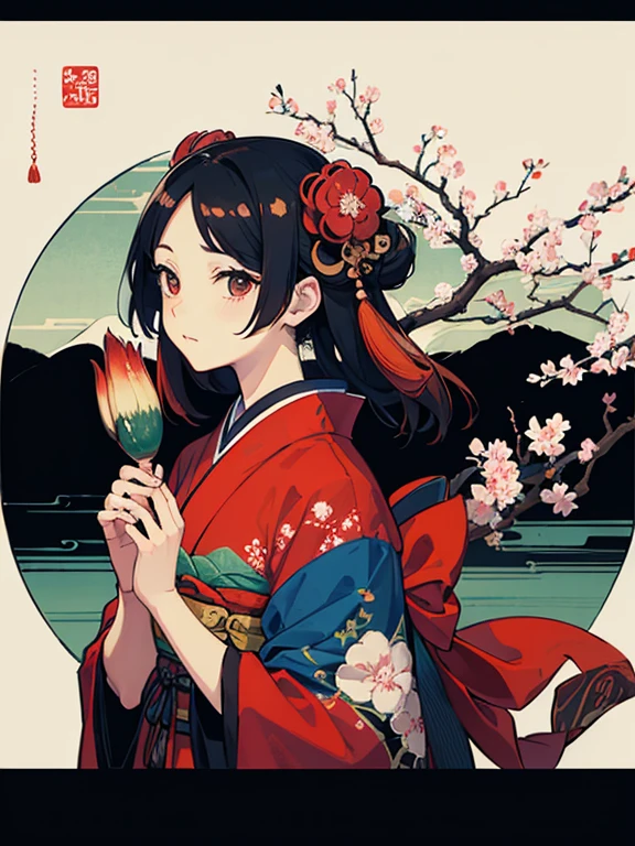 a painting of a river with red flowers and trees, arte del cartel inspirado en Hiroshige, deviantart, Ukiyo-e, Japanese art, traditional Japanese art, pintura tradicional japonesa, japanese style painting, arte tradicional chino, Japanese art antiguo, Japanese Printed Art, japanese art style, pintura de estilo chino, pintura tradicional china en tinta, estilo de pintura china