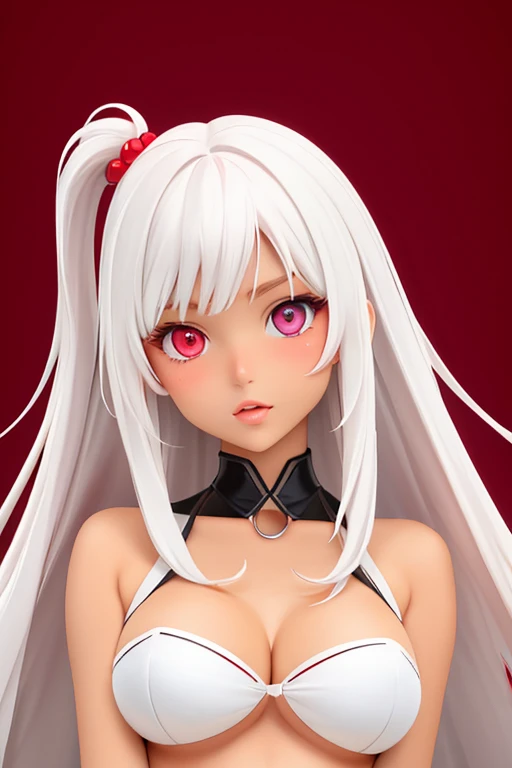 Female, tan skin, heterochromia red/white eyes, perfect split half red hair/half white hair down middle, perfect, full breast,