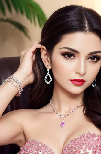 Lebanese woman, diamond dangling earrings, necklace, bracelets, small breasts, 40 years old, smokey eyes, cleavages, red lips, innocent face, pink fashion ball gown, stylish hairstyle, posing, modeling,
