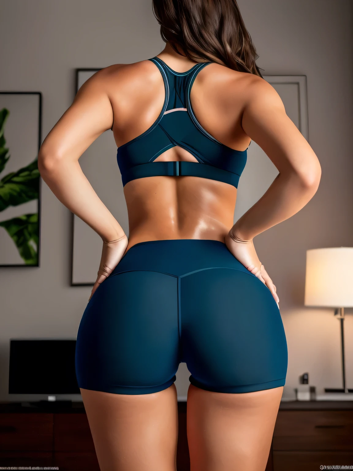 there is a woman in a sports bra and shorts in front of a television, dark blue sports bra and shorts, sports bra and shorts, back pose, back long shot, toned behind, seen from the back, back shot, back view, close up general view from behind, arched back, rear view, from behind, doing sassy pose, posing like model, sassy pose, full body, adult woman, detailed body, back shot, full body, full body shot, tanned supermodel, 40 year old woman , HDR, well-lit hands, photorealistic hands, detailed and realistic, 5 fingers per hand, alone, dark hair, green thong bikini, full body photo, clear and high quality photo. Beautiful woman, extremely sexy, very sensual. Masterpiece: 1.3, high resolution, (photographically realistic), Masterpiece: 1.3, high resolution, (photographically realistic), 8k, NUDE, NUDITY, NFSW
