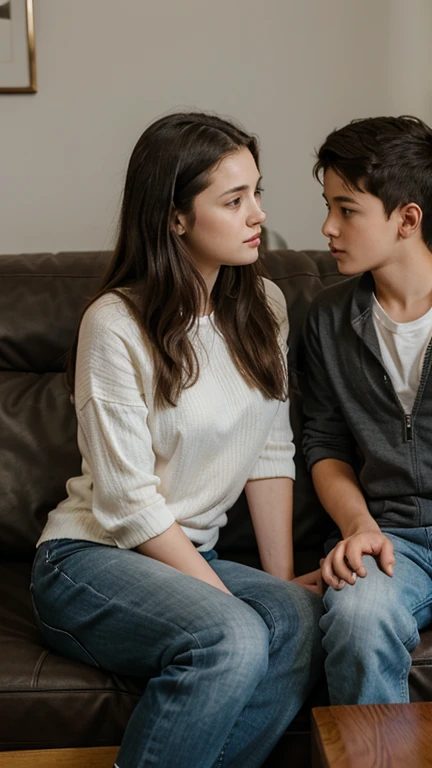 adult woman 30 years old with young boy , sitting on sofa, talking to each other