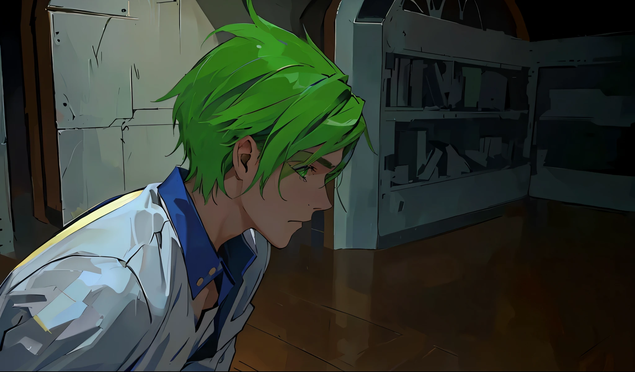 16 year old boy green hair green eyes is kneeling crying