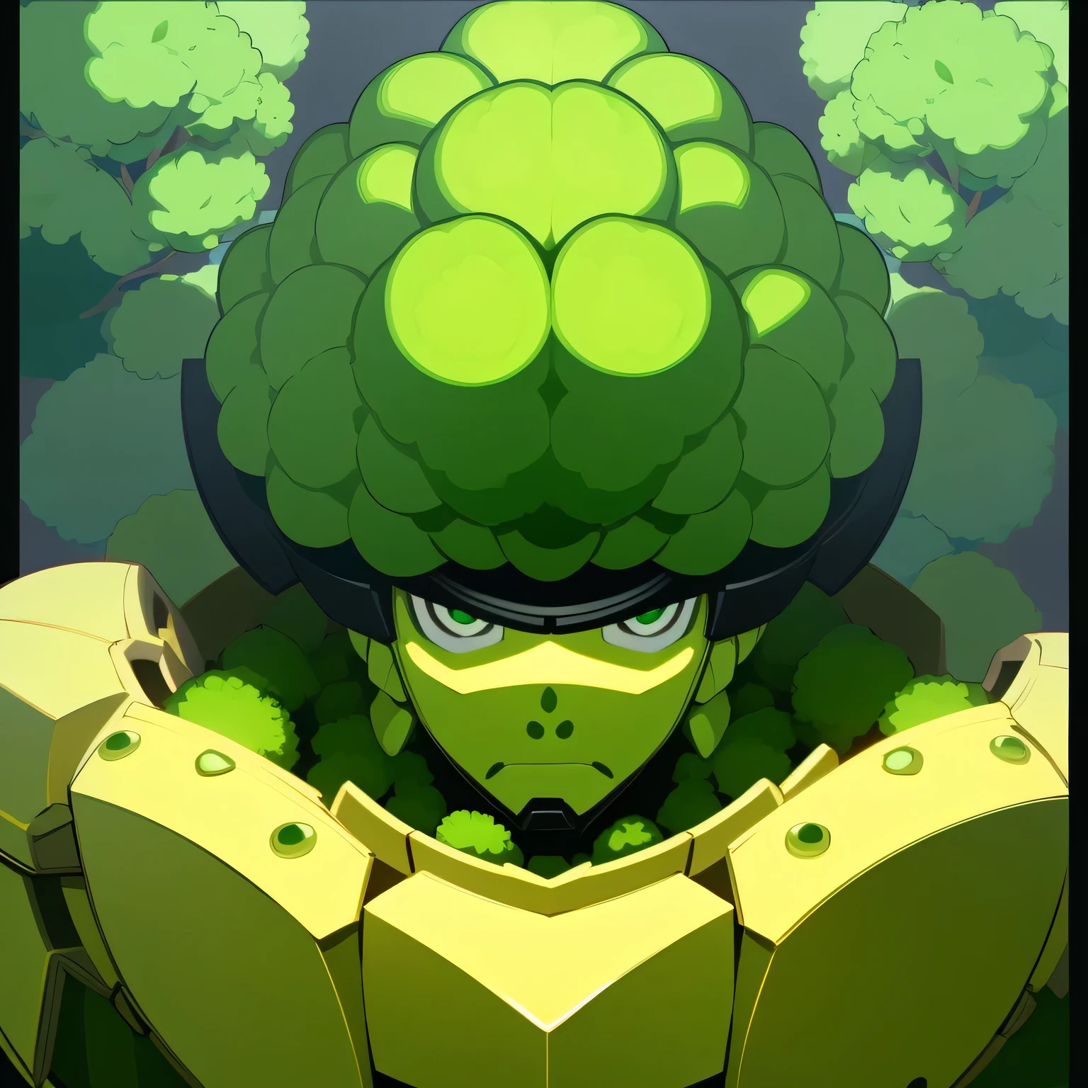 Anime soldier with a broccoli head and a shield, 4K HD, crisp and clear representation, No blur or pixelation, One soldier character, Wearing a green helmet shaped like a giant broccoli head, Gripping a large shield in front of him, Detailed textures showcasing the intricacies of the soldier's armor and the luster of the shield, Ready for battle.