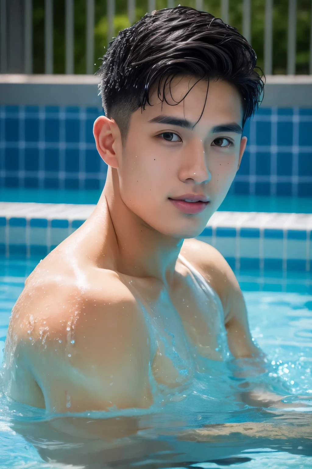 Portrait of David Licauco， mature，swimmingpool，18 year old boy，Wet with，tmasterpiece