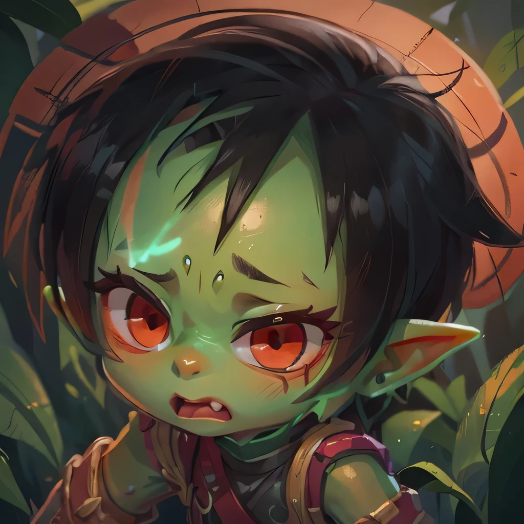a green skin goblin boy, close up face, shocked face, red eyes, black hair entirety 