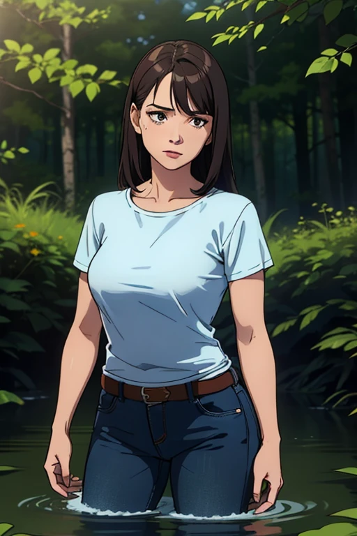 masterpiece, realistic, regular woman in jeans and t-shirt and worn out denim jacket, drowning in forest bog,