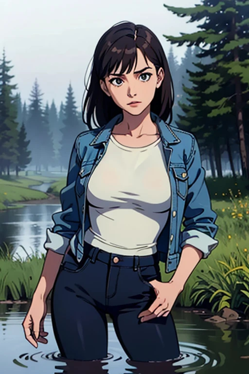 masterpiece, realistic, regular woman in jeans and t-shirt and worn out denim jacket, drowning in forest bog,