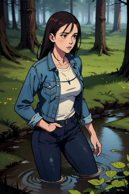 masterpiece, realistic, regular woman in jeans and t-shirt and worn out denim jacket, drowning in forest bog, 