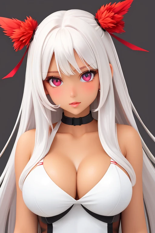 Female, tan skin, heterochromia red/white eyes, perfect split half red hair/half white hair down middle, perfect, full breast,