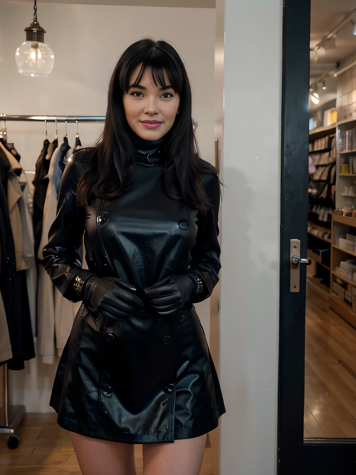 shy smiling Bettie Page detailed freckles, blue eyes, very slim, very short, making love inside a sexy shop, witha  black man, modeling, wearing turtleneck, soft gloves,black trench coat,maxy skirt, scarf, The image, realistic hyper-detailed photo captured in stunning Ultra HD, 8k resolution, Nikon D850, — style raw — c 10 — ar 2:3 — s 250V