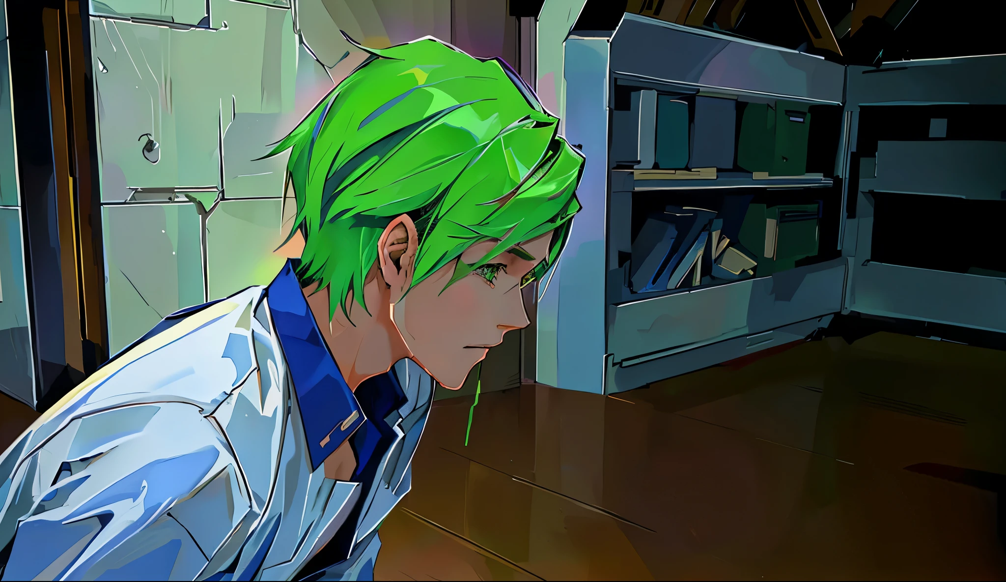  boy green hair green eyes is kneeling crying