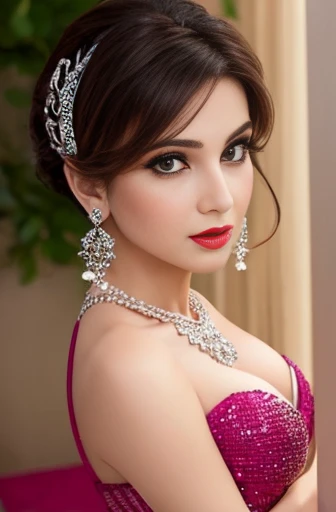 Lebanese woman, diamond dangling earrings, necklace, bracelets, small breasts, 40 years old, smokey eyes, cleavages, red lips, innocent face, pink fashion ball gown, stylish hairstyle, posing, modeling,