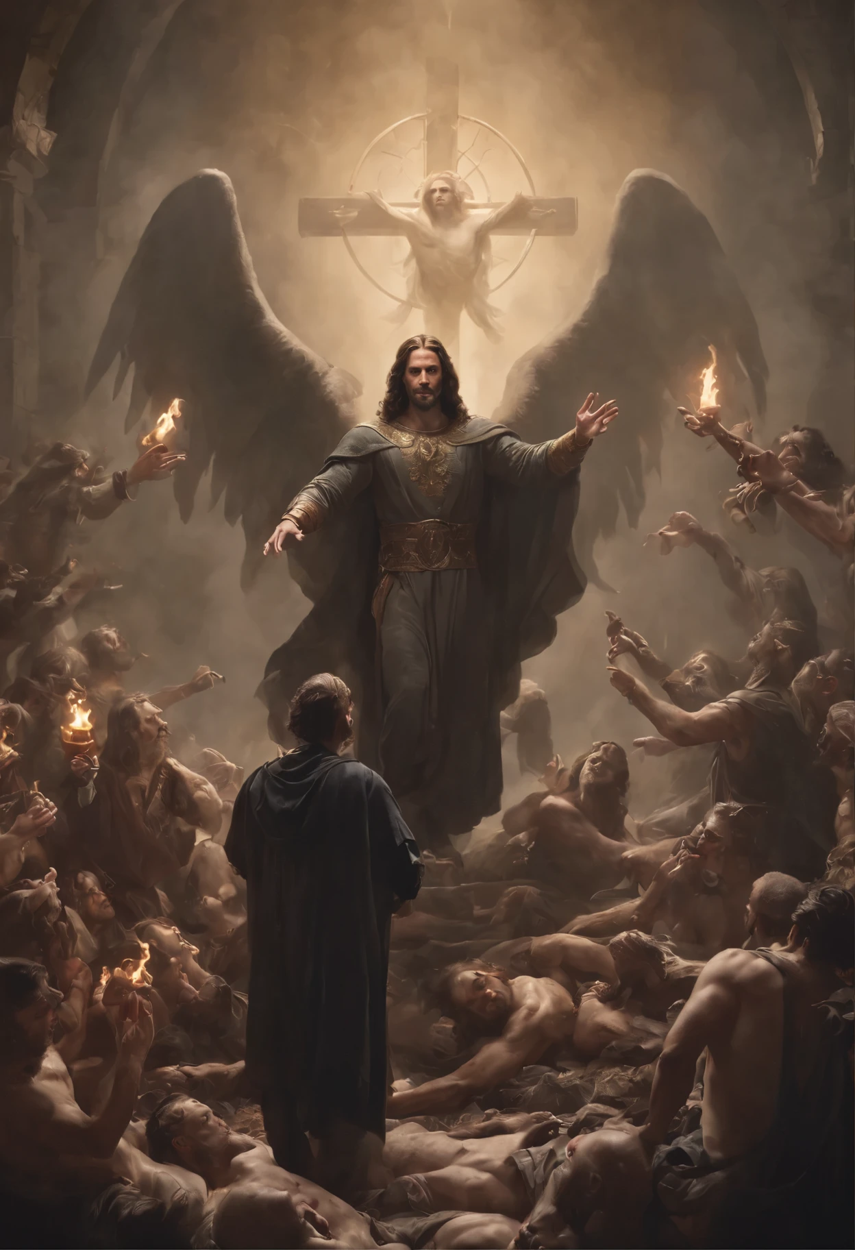 Messiah and Lucifer conversing on top of a pile of corpses, Fantasy, Complex, elegant, Very detailed, Centered, Symmetric, I drew, Complex, Volumetric lighting, beautiful, A masterpiece of deep colour, Sharp focus, Super detailed, Dan Mumford and Mark Simonetti's style, Astrophotography, No Life King,