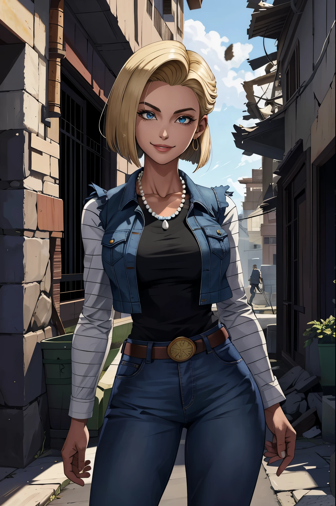 melhor qualidade, high resolution, E18, 1 garota, android 18, garota sozinha, 1 garota, cabelo loiro, olhos azuis, cinto, jeans azul, Pearl necklace, pulseiras, luvas pretas, camisa branca, cabelo curto, Manga curta, brincos, blue pants, colete aberto, colete preto, gold pocket watch, medium breasts, tiro de vaqueiro, montanhas, sempre em frente, (clima: chovendo e ventando), corpo molhado, sorriso sexy, postura de combate, Battle ruins, quadris largos, pernas grossas, roupas rasgadas, punhos fechados,