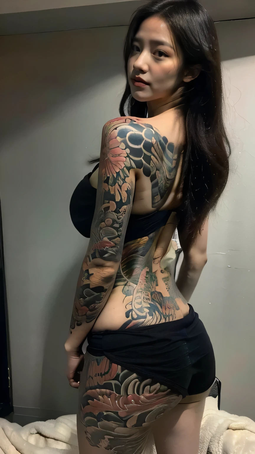 1girl, beautiful model women, messy hair, plumpy body, perfect body, tall body, (large breast:1.3), (medium butt:1.3), flirting pose, yakuza girl soaking on onsen in the lost city, indoor, minimalist living room background, tight t-shirt, miniskirt, casual clothes, stylish, black hair, black hair, eye reflection, makeup, sleepy, bored, sfw, intricate detailed and vibrant irezumi tattoo on back body, Fujicolor, masterpiece, ccurate, anatomically correct, textured skin, super detail, 4K