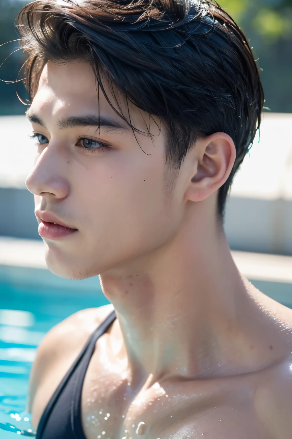 Portrait of muscular boy, mature,swimmingpool,18 year old boy,Wet with,tmasterpiece
