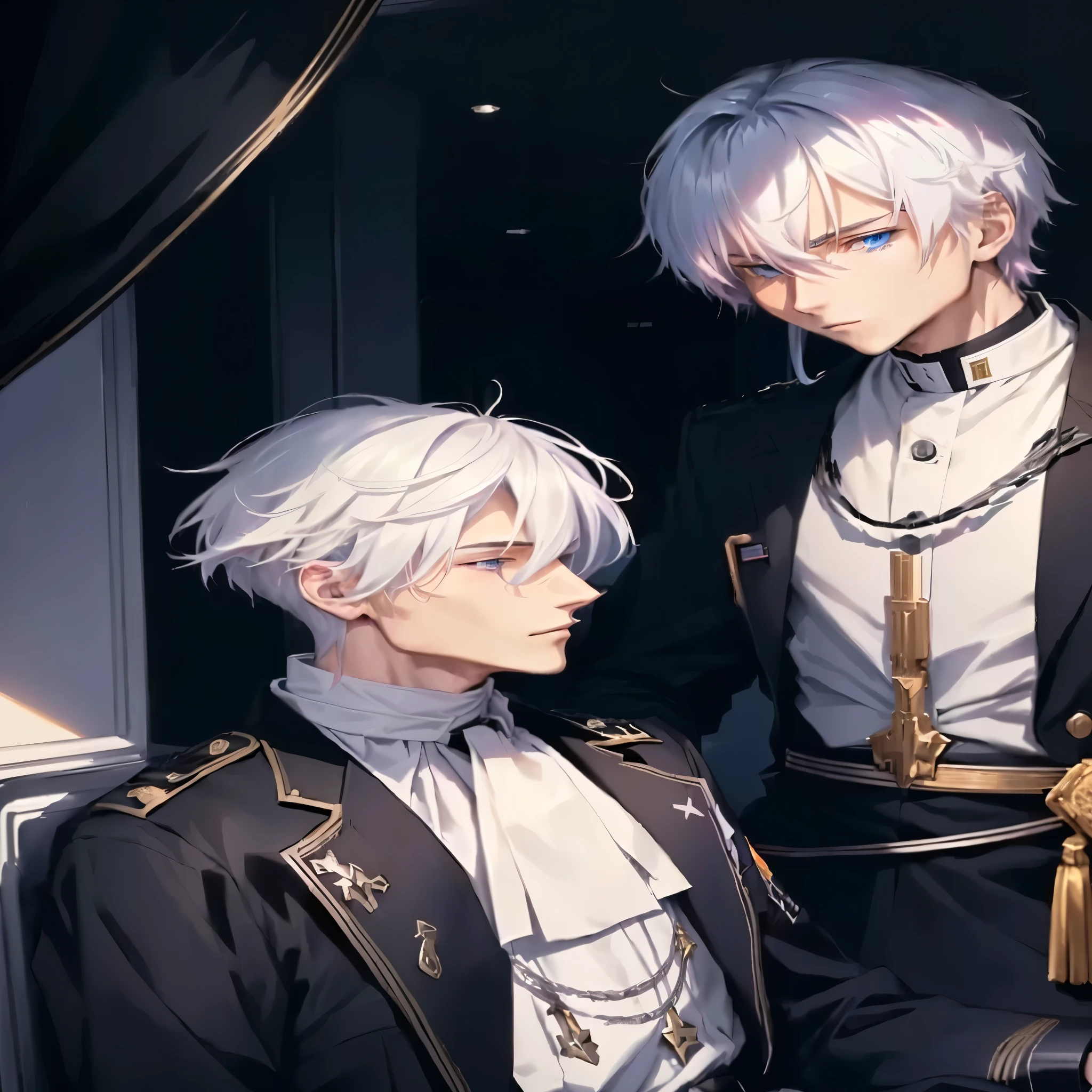 Two anime characters in full black black military uniform. A man who sits, he has blue eyes, tied long hair color platinum white. Another man who standing, he has short hair color light pink, wearing a black military uniform stand next to him. The background is blue.