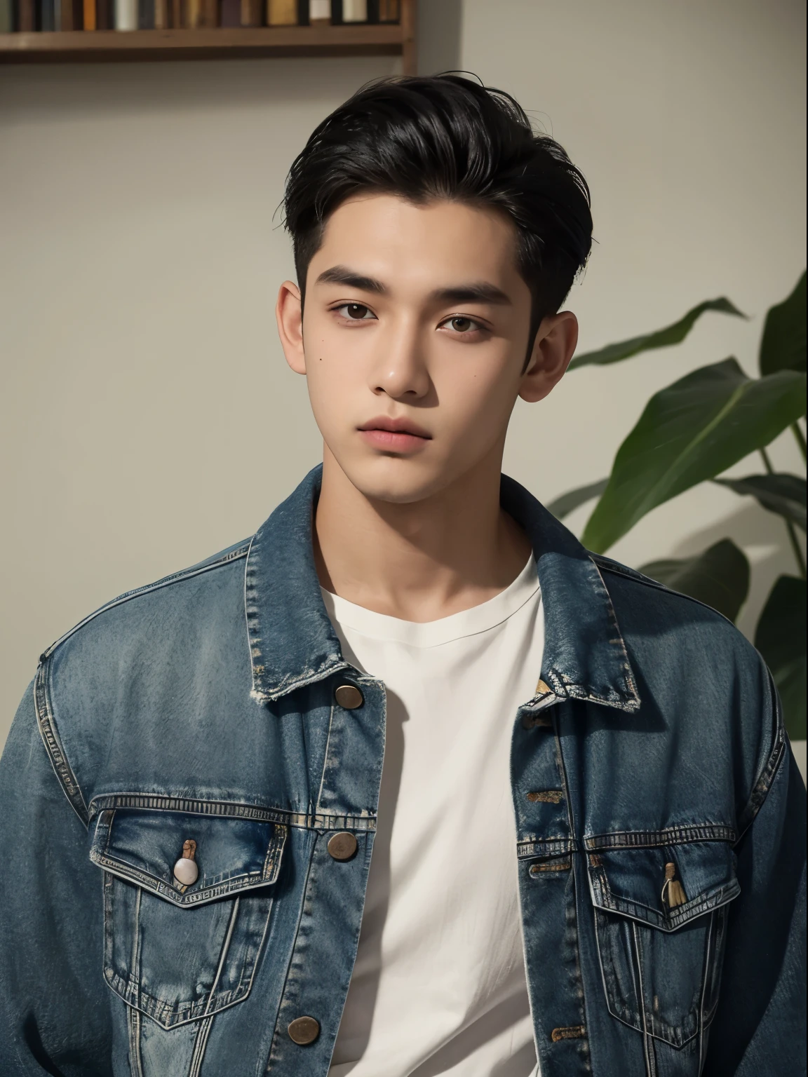 male, 20 year old boy, black eyes, slick back, denim jacket, half body photo, head facing the camera, frangipani flowers fill the background