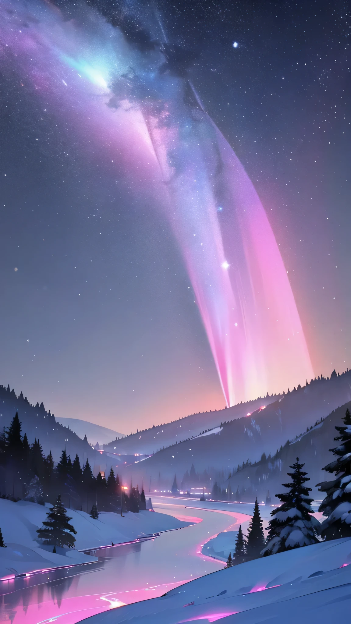 Pink aurora in white snow, snow mountain,river,snowstorm,colorful stars twinkling, Unreal Engine, 8K HD, HD.