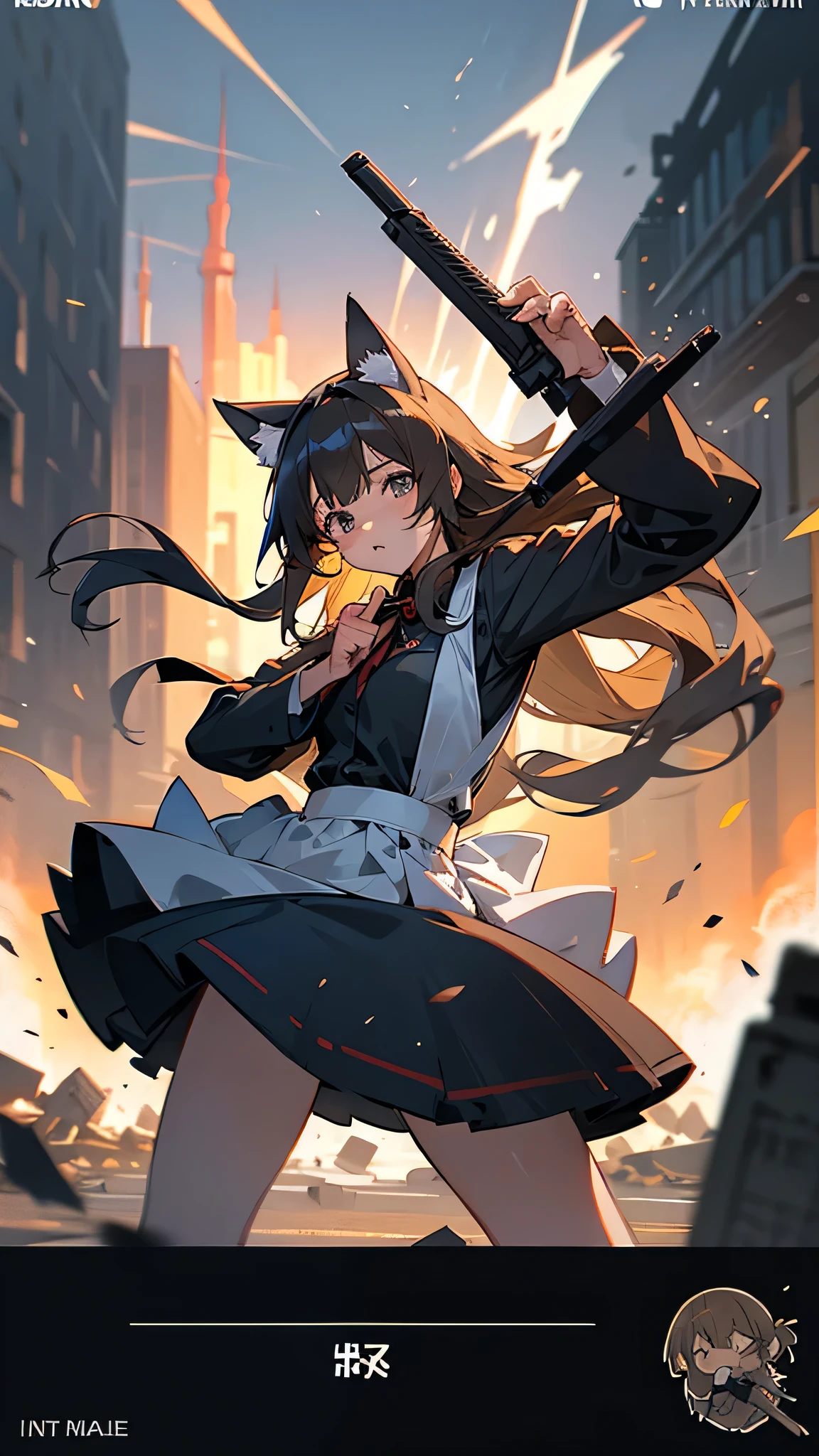 Cute anime girl, guns in each hand, beautiful maid dress, cat ears, cat tail, flowing long hair, detailed hair, action pose, dynamic, wartime, warzone, destroyed buildings, dust, details, particles, background bomb explosions, realistic shading, strong shape language, dynamism, illustration, poster, phone wallpaper, ultra hd, flowy, flowing mouvements, focus on the general environment, cutscene, video game ad