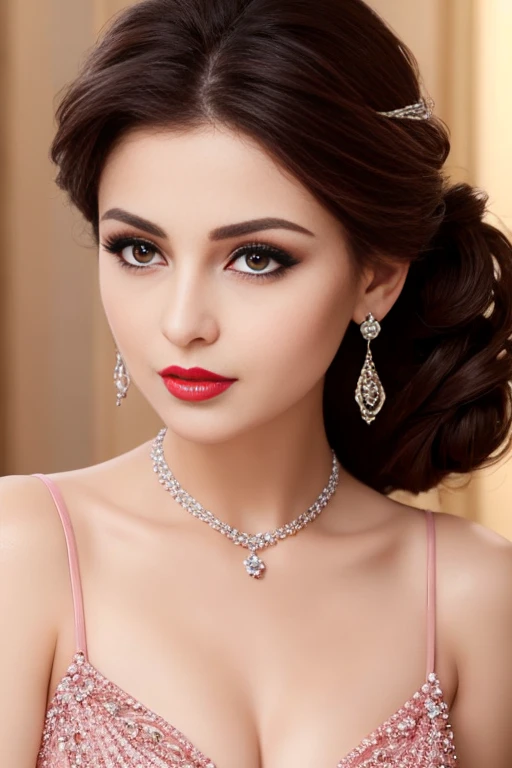 Lebanese woman, diamond dangling earrings, necklace, bracelets, small breasts, 40 years old, smokey eyes, cleavages, red lips, innocent face, pink fashion ball gown, stylish hairstyle, posing, modeling,