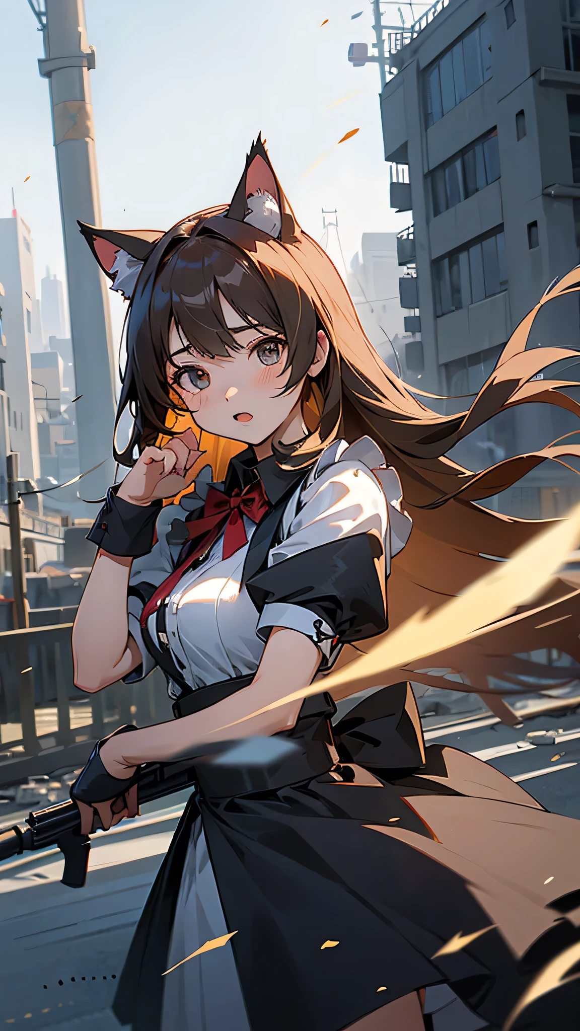 Cute anime girl, guns in each hand, beautiful maid dress, cat ears, cat tail, flowing long hair, detailed hair, action pose, dynamic, wartime, warzone, destroyed buildings, dust, details, particles, background bomb explosions, realistic shading, strong shape language, dynamism, illustration, poster, phone wallpaper, ultra hd, flowy, flowing mouvements, focus on the general environment, cutscene, video game ad