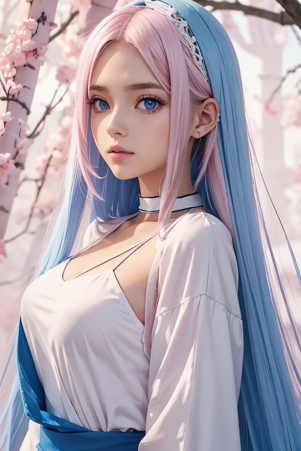 Light pink neck length hair,ojos azules con delineado,ropa color rosa,blanco y azul,4 espadas en la cadera colgadas y pechos normales,anime