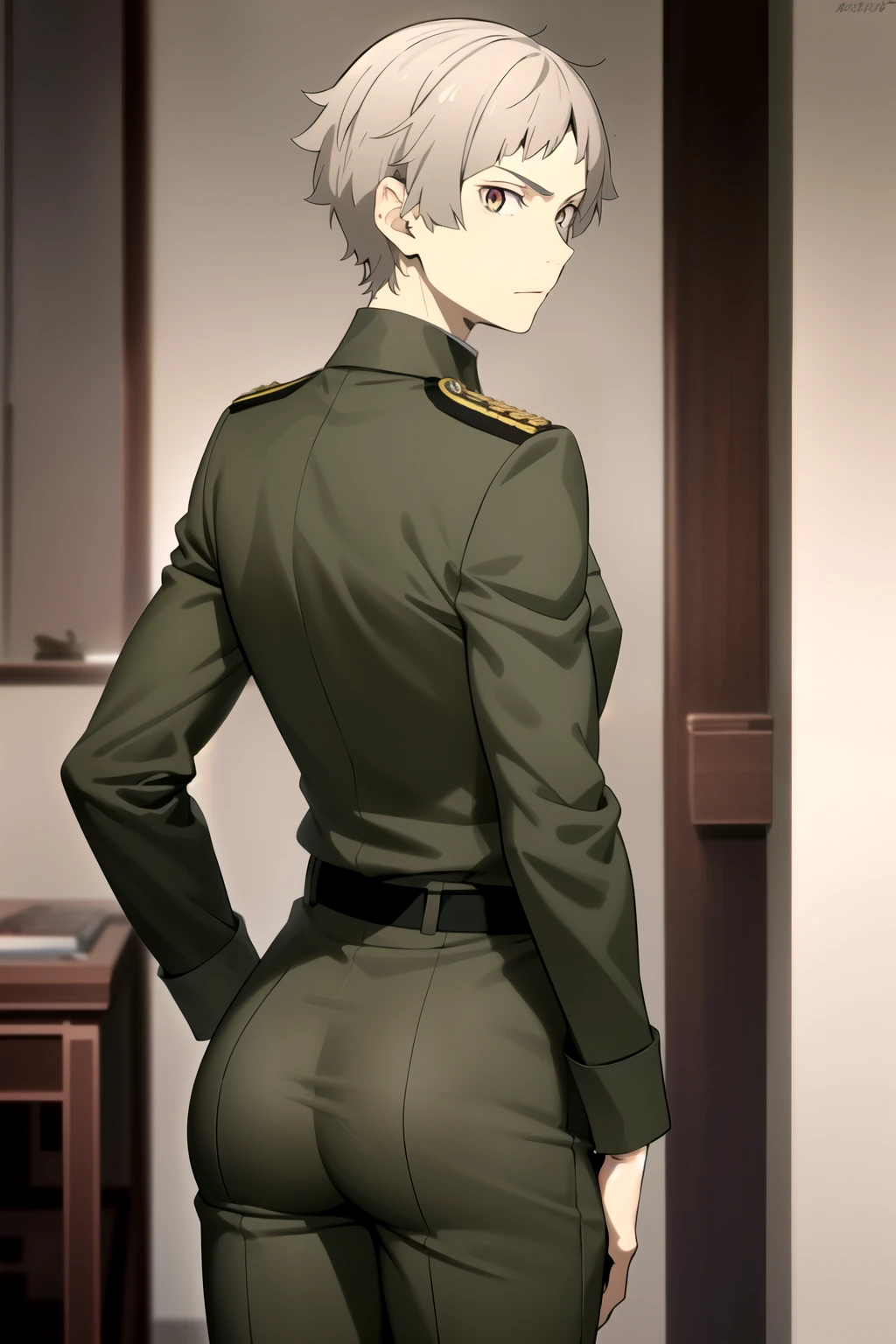 masterpiece, best quality, high quality, 1boy, solo, male focus, looking at viewer, nakajima_atsushi, grey hair, (military uniform: 1.2), rear view, shows ass, butt 