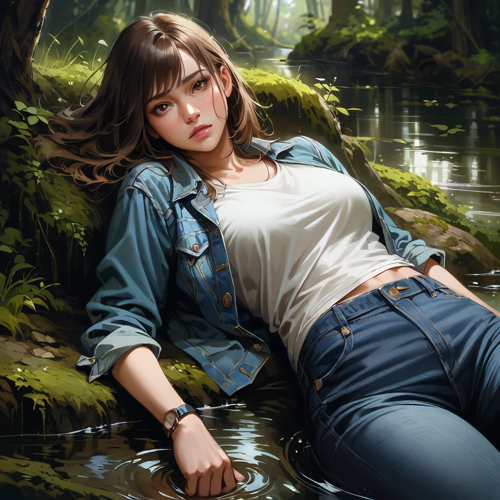 masterpiece, realistic, regular woman in jeans and t-shirt and worn out denim jacket, drowning in forest bog,