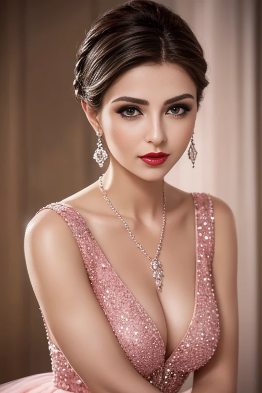 Lebanese woman, diamond dangling earrings, necklace, bracelets, small breasts, 40 years old, smokey eyes, cleavages, red lips, innocent face, pink fashion ball gown, stylish hairstyle, posing, modeling,