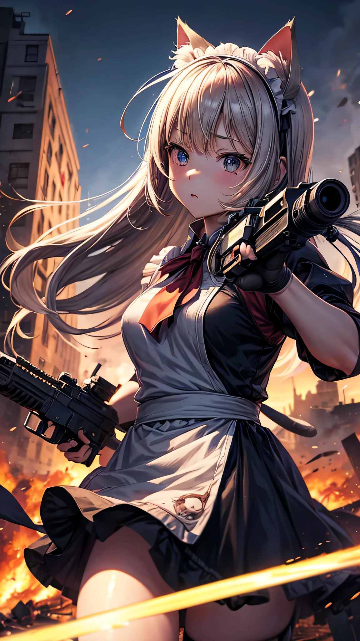 Cute anime girl, guns in each hand, beautiful maid dress, cat ears, cat tail, flowing long hair, detailed hair, action pose, dynamic, wartime, warzone, destroyed buildings, dust, details, particles, background bomb explosions, realistic shading, strong shape language, dynamism, illustration, poster, phone wallpaper, ultra hd, flowy, flowing mouvements 
