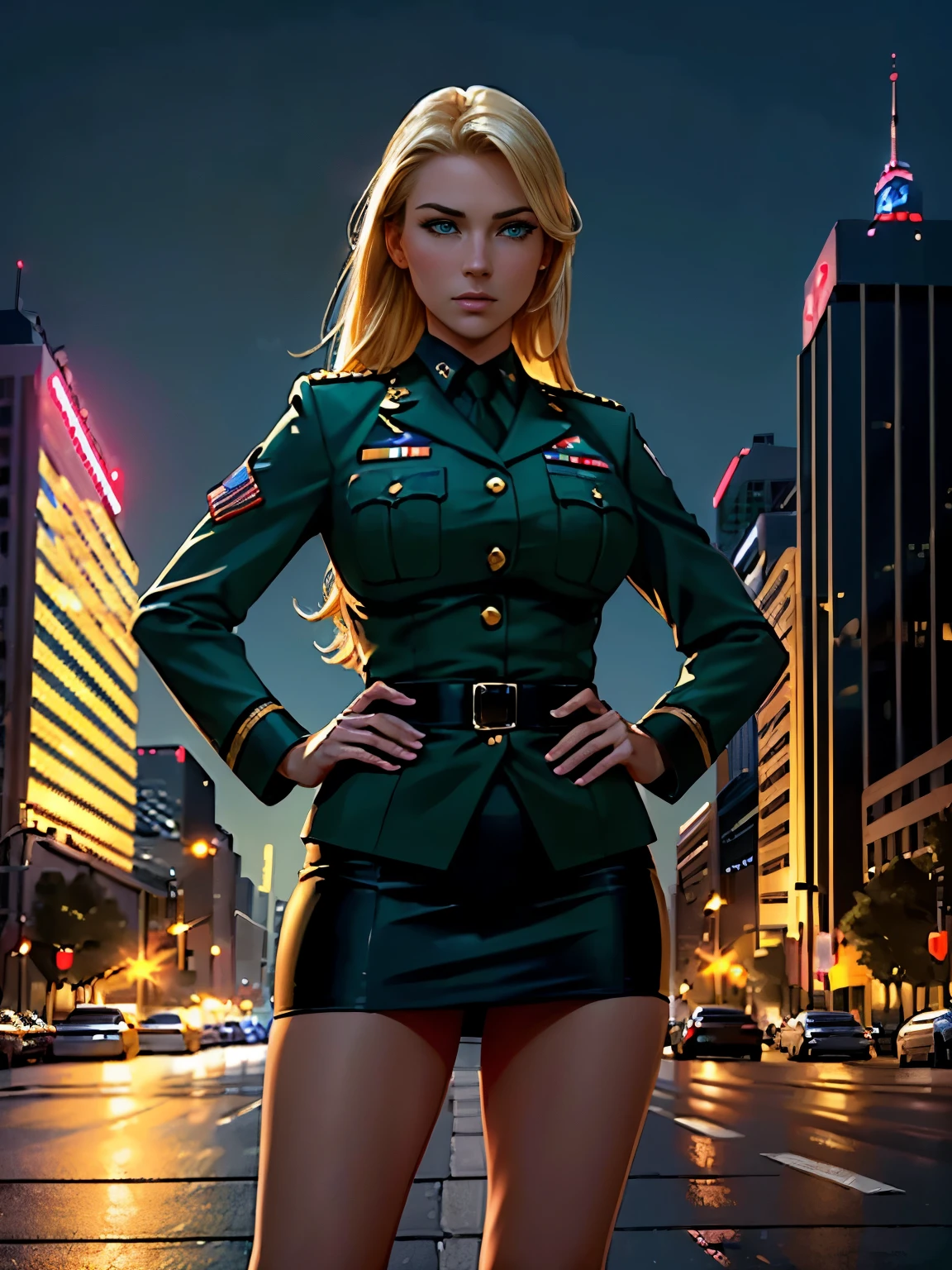 ((best quality)), ((masterpiece)), ((ultra realistic)), american blonde, beautiful detailed face, detailed eyes, sexy us military officer, us army officer, city backdrop, neon edge lighting, highly detailed, professional, U.S. army dress uniform, pencil skirt, miniskirt, full body, hands on hip, medium hair, solo, green eyes