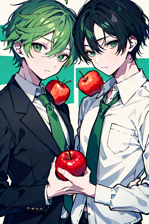 a couple of two male anime holding apples in front of them with green haired person holding apples in front of female, also anime, in one hand, apple, food, fruit, 2boys, multiple boys, necktie, green eyes, shirt, green hair, black hair, holding food, white shirt, holding, holding fruit, red eyes, male focus, looking at viewer, collared shirt, black jacket, closed mouth, green necktie, short hair, jacket, long sleeves, red apple, hair between eyes, bangs, pants