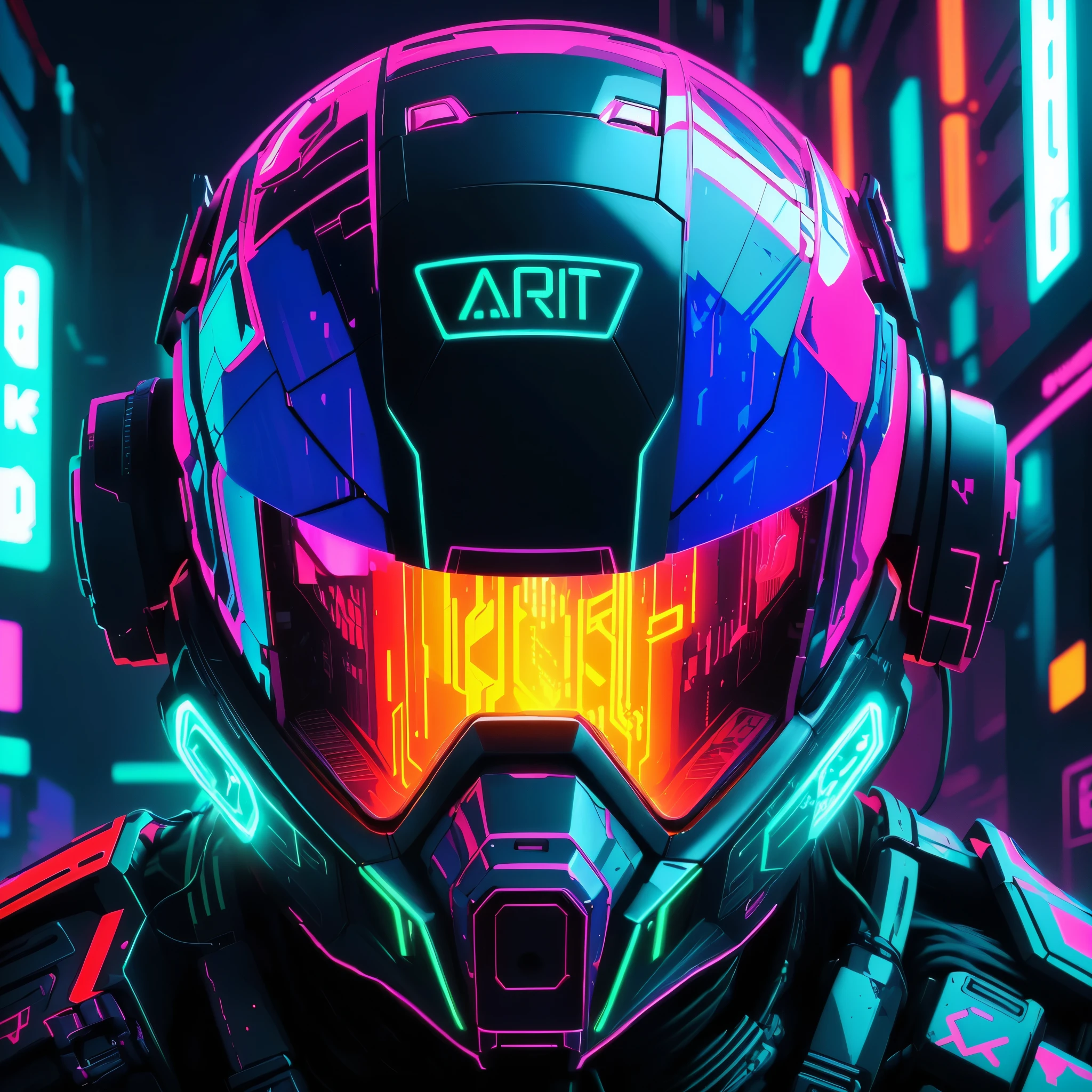 a close up of a helmet with neon lights on it, futuristic art style, 4k highly detailed digital art, cyberpunk art style, master chief in cyberpunk city, 4k detailed digital art, cyberpunk vibrant colors, dan mumford. 8 k octane render, cyberpunk artstyle, digital artwork 4 k, advanced digital cyberpunk art, neon cyberpunk vibrant colors, epic art style
