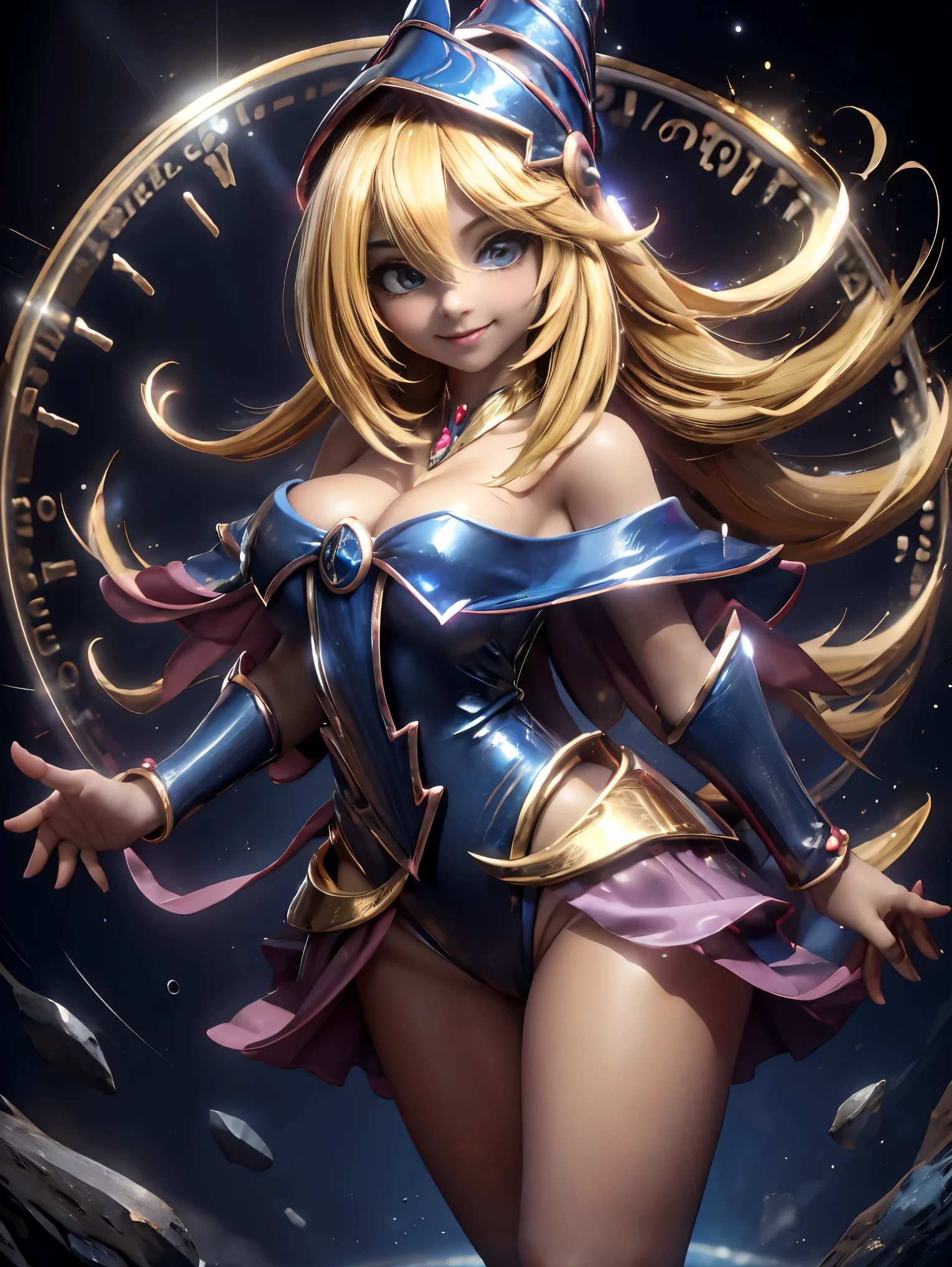 Dark magician gils en el aire, ella esta parada saltando, Magic hearts background. Sonrisa en sus labios. Ojos celestes. Cabello dorado. Pose sensual. Levitando en una pie. Tiene tacones. 1.1 Usa tacones azules y dorados . Usa tacones
