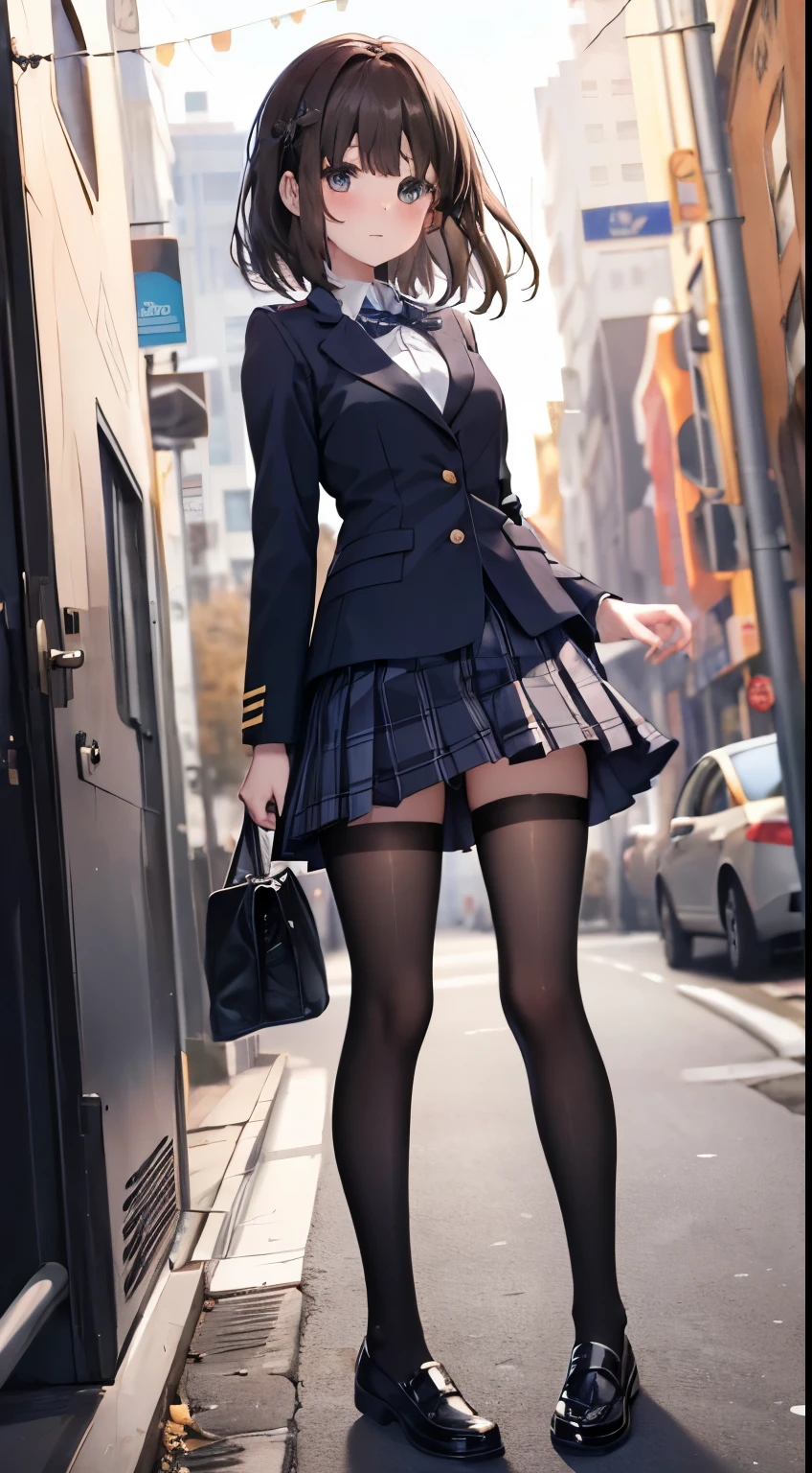 finest, masterpiece, High resolution, (Full body view from head to toe), Composition from slightly below the front, Symmetrical, 18 years old, slim and beautiful girl, alone, (small breasts), (not wearing shoes),Unkempt brown hair, bangs, (black tights), (black pantyhose), tied up with both arms hidden behind the back, , blush, shy big eyes, looking at camera, blazer uniform, plaid pleated skirt、Panties around ankles、Black knee-high socks