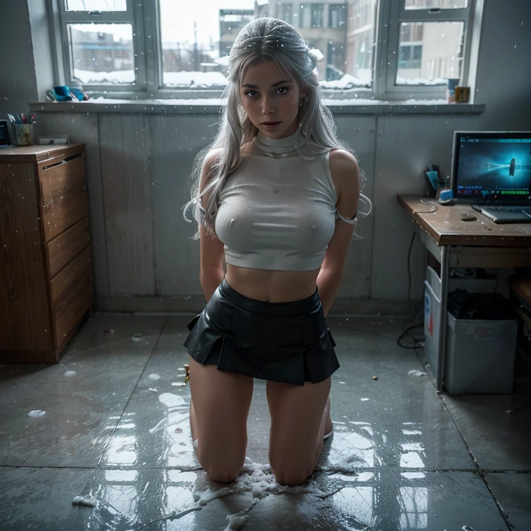 Realistic photography, high quality, The Snow Queen kneeling under the table in a modern office, she is wearing a short skirt and a tight top, thin waist, detailed face, Bright day, thin hips, (acid rain outside a huge window: 1.1), strong wind, magic light, danger