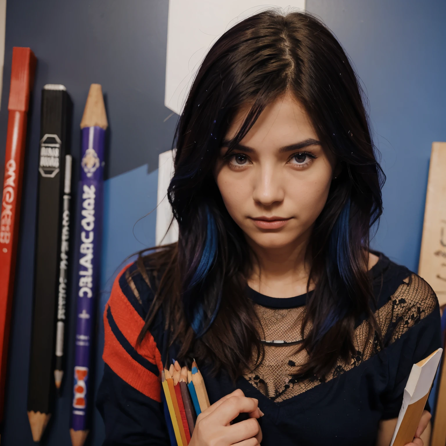 Una persona con cosas moradas y azules, pencils and sticks
