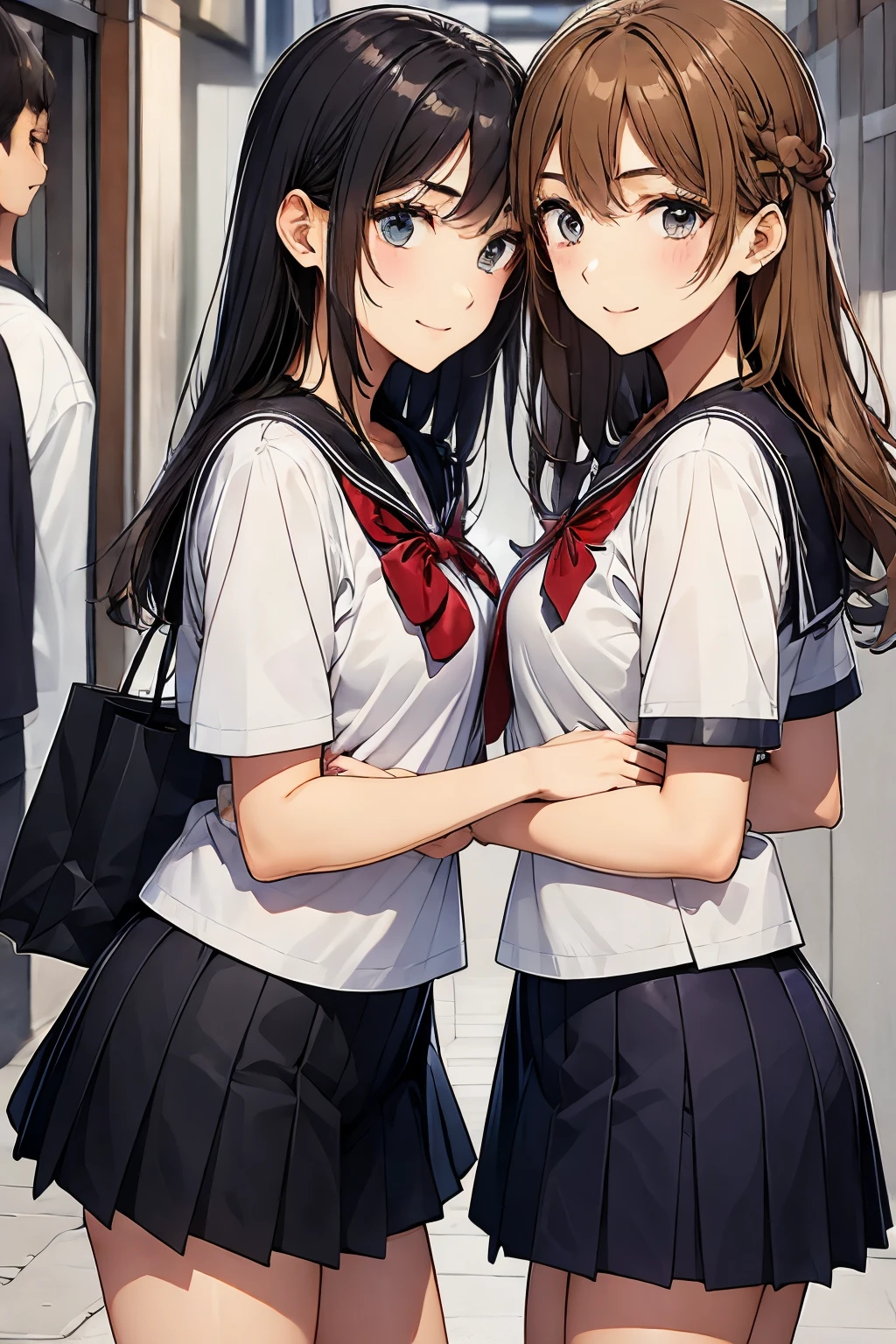 Shopping Street、Two high school girls kissing、seductive smile、Loafer leather shoes、Top of the head