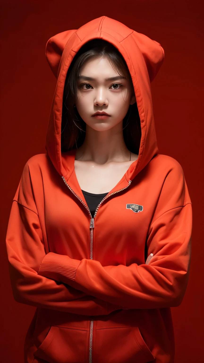 woman 19 years old with arms crossed on ches looking at camera with serious expression, intimidating woman, young angry woman, serious and stern expression, t, angry looking at camera, bold serious expression, strong facial expression, frowning expression, with serious face expression, arms folded, irritated expression, wearing red hoodie. medium breast