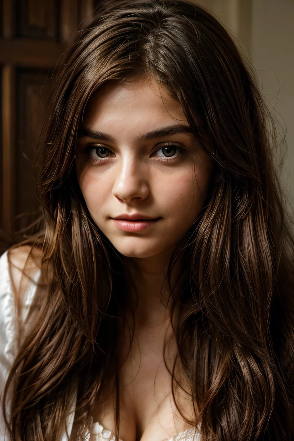 A european girl with her face uncovered and hair flowing, steadily diffusing her attention around, looks straight at me.
