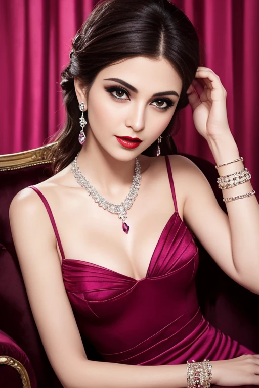 Lebanese woman, diamond dangling earrings, necklace, bracelets, small breasts, 40 years old, smokey eyes, cleavages, red lips, innocent face, magenta fashion ball gown, stylish hairstyle, posing, modeling,