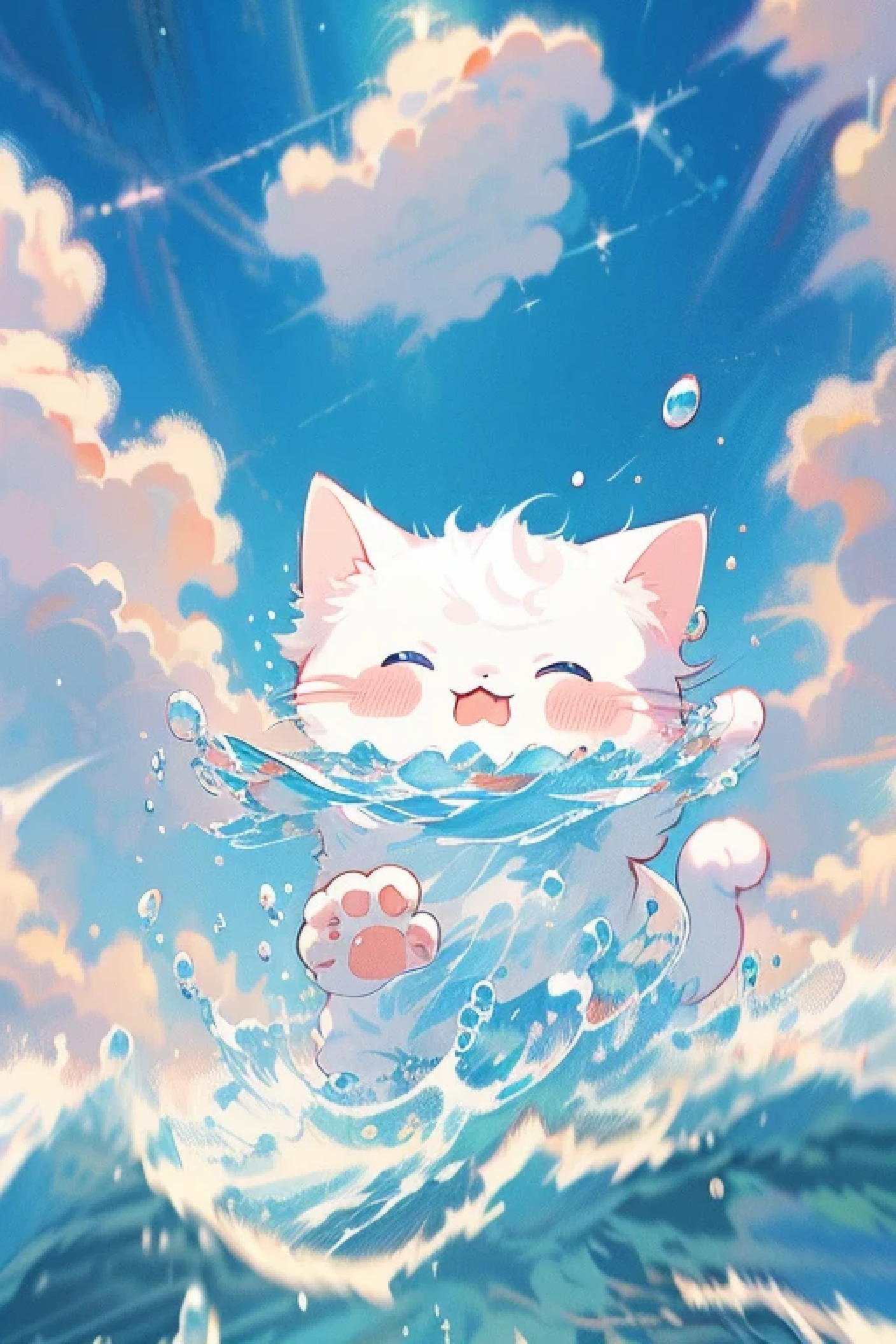 Anime cat running in water，Bubbling in the mouth, anime visual of a cute cat, anime cat, Cute detailed digital art, lovely digital painting, realistic anime cat, adorable digital art, cute detailed artwork, Kawaii cat, Cute anime, cute anime catgirl, cute artwork, trending on artstation pixiv, Anime art wallpaper 4 K make it pc resolution