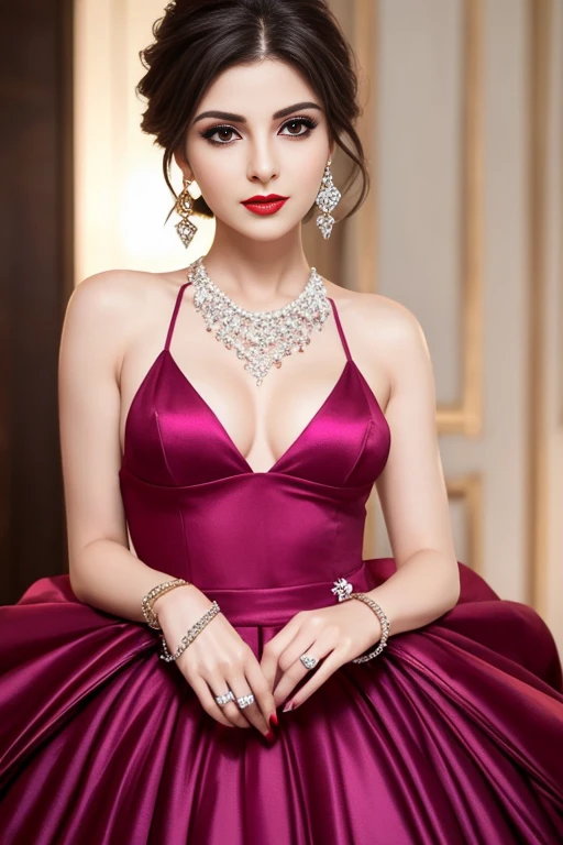 Lebanese woman, diamond dangling earrings, necklace, bracelets, small breasts, 40 years old, smokey eyes, cleavages, red lips, innocent face, magenta fashion ball gown, stylish hairstyle, posing, modeling,