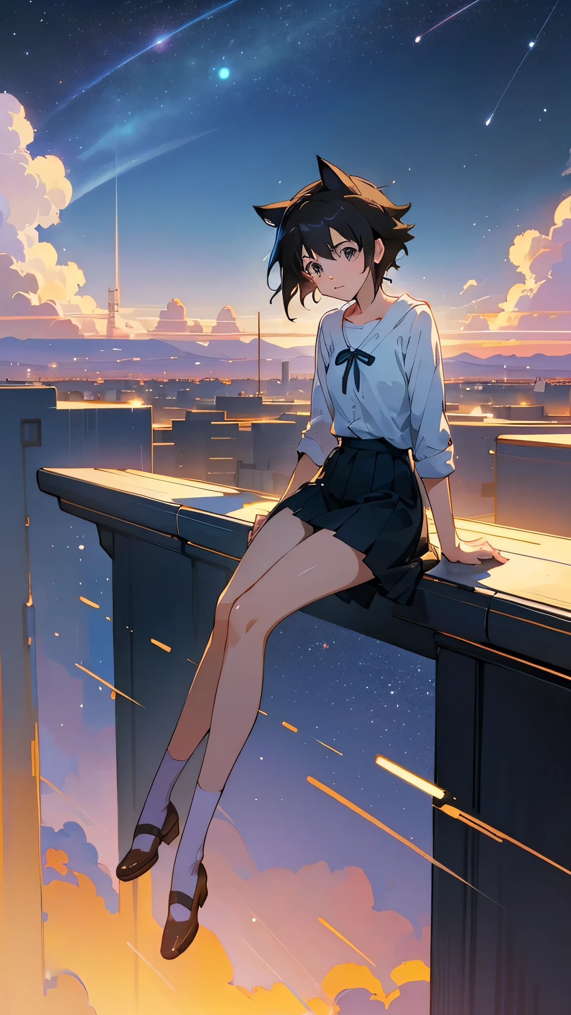 Anime cat-eared girl sitting on a shelf looking at the sky, anime drawings inspired by Makoto Shinkai, trending on pixiv, space art, Makoto Shinkai Cyril Roland, 4K anime wallpapers, anime art wallpaper 8 K, anime art wallpaper 4K, anime wallpaper 4K, anime wallpaper 4K, anime wallpaper 4K